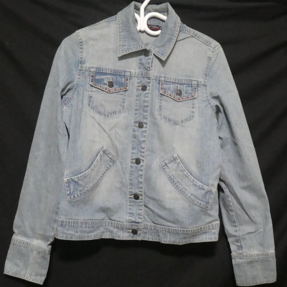 DENVER HAYES | Medium | Faded Blue Denim Jacket | Bead and Floral Design